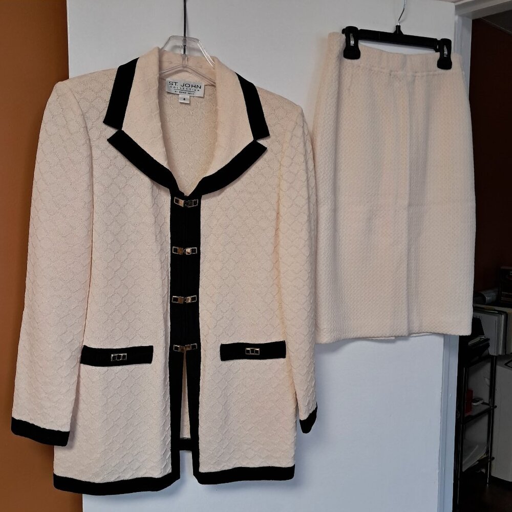 St. John Collection By Marie Grey Cream Colored Jacket & Skirt Set